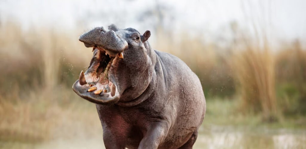 Hippo with mouth open standing on the ground showcasing its powerful jaws