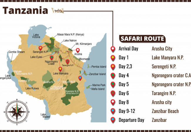 Travel to Tanzania Bush to Beach Safari Adventure Tado travel TZ map-01